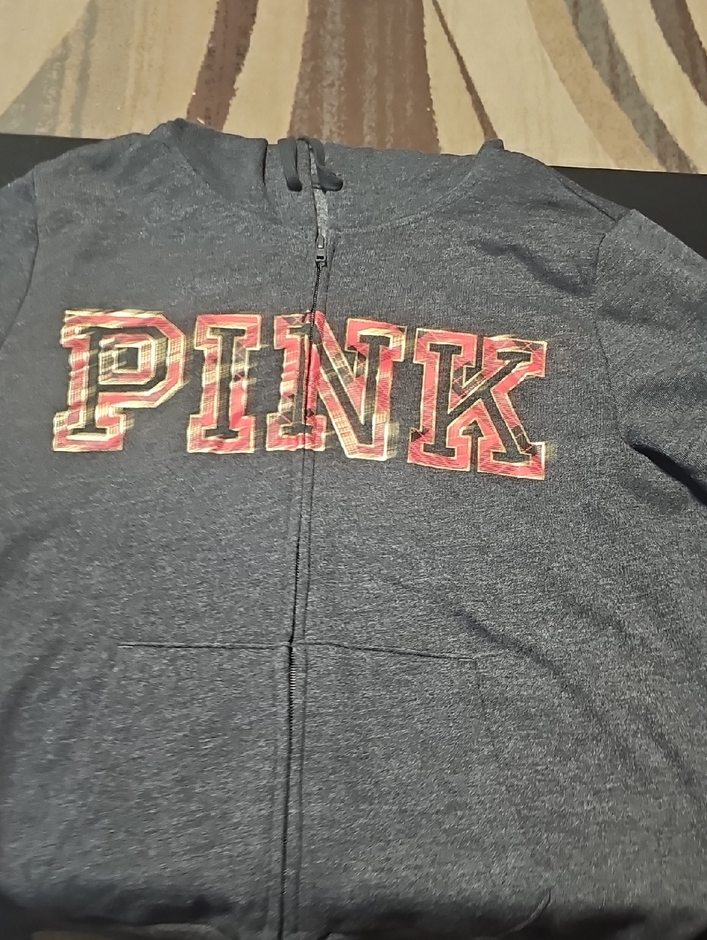 PINK Victoria's Secret Charcoal Gray Zip-Up Hoodie with Red Plaid Logo